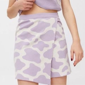 UO Milk It Cattle Mini Skirt sz 4 Purple Cream Cow Print Sweater Knit Faux Wrap